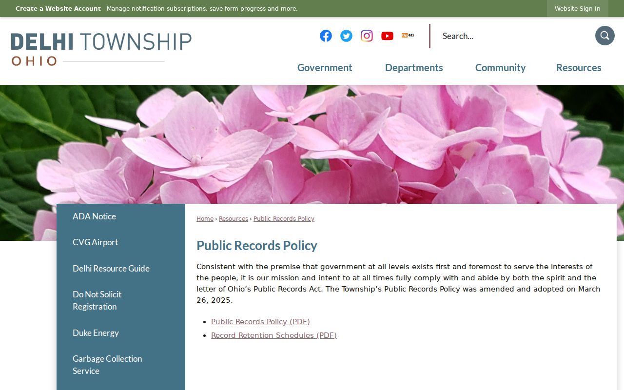Delhi Township residents directory public records policy