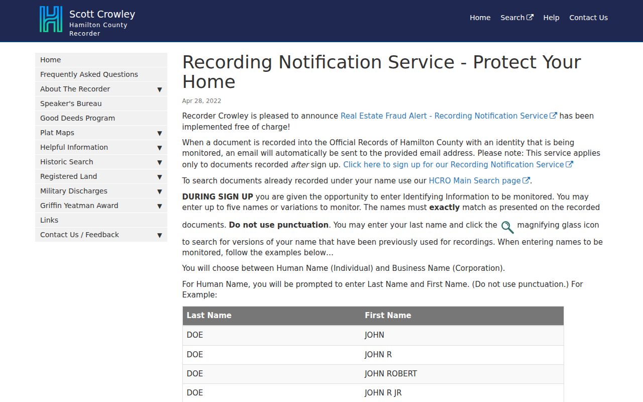 Delhi Township previous residents Hamilton County Recorder notification service