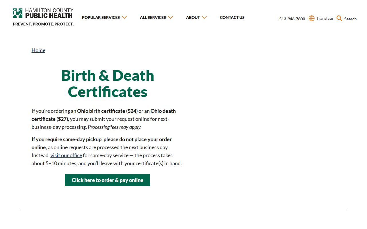 Delhi Township resident lookup through Hamilton County birth and death certificate ordering