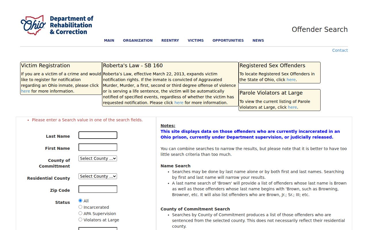Delhi Township resident lookup limits shown by the Ohio DRC search interface