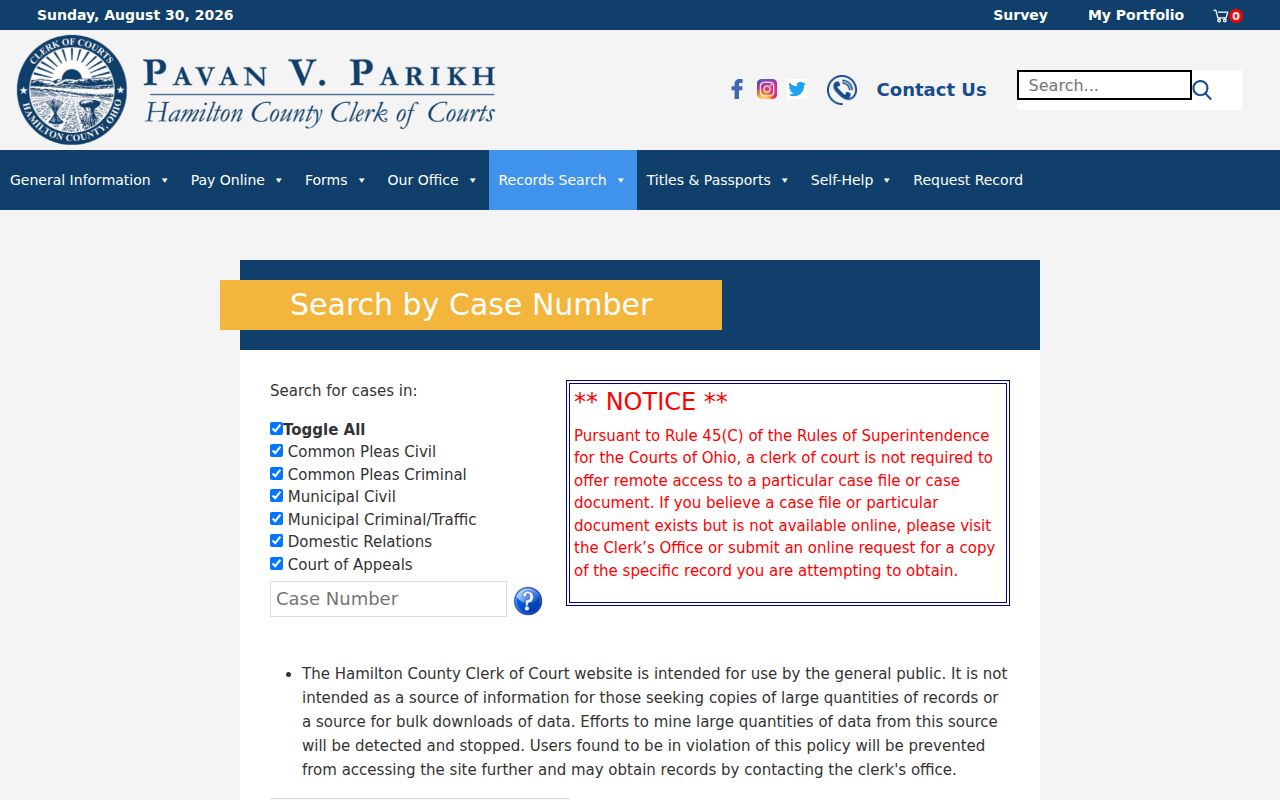 Delhi Township resident lookup through the Hamilton County Clerk case-number search
