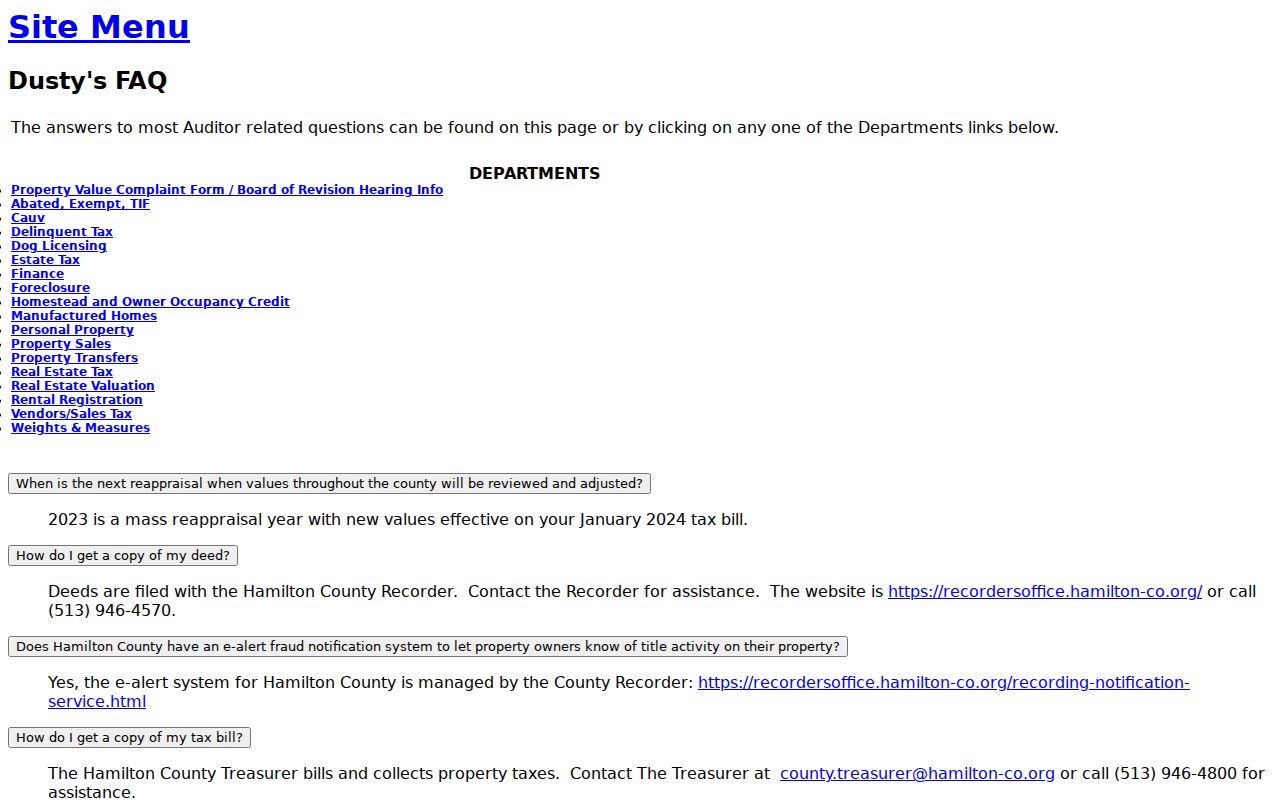 Delhi Township street directory reference to Hamilton County Auditor property-search guidance